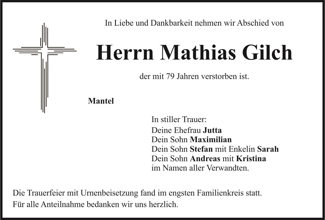 Traueranzeige Mathias Gilch Mantel