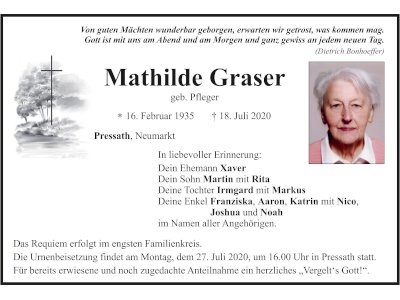 Traueranzeige Mathilde Graser