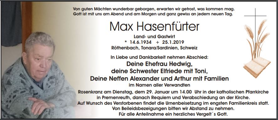 Traueranzeige Max Hasenfürter Röthenbach