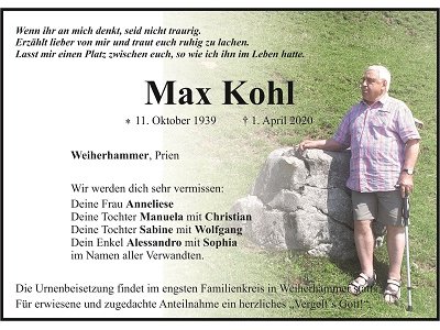 Traueranzeige Max Kohl 400