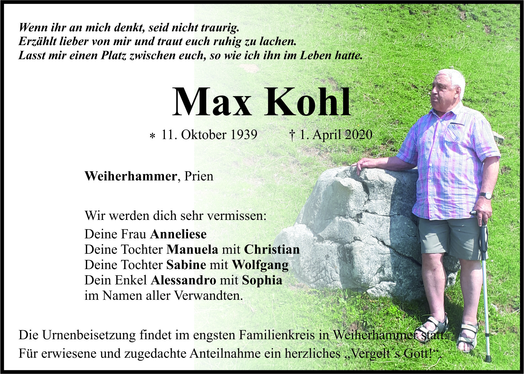 Traueranzeige Max Kohl