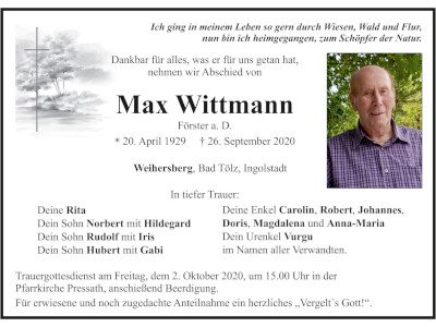 Traueranzeige Max Wittmann, Weihersberg 400x300