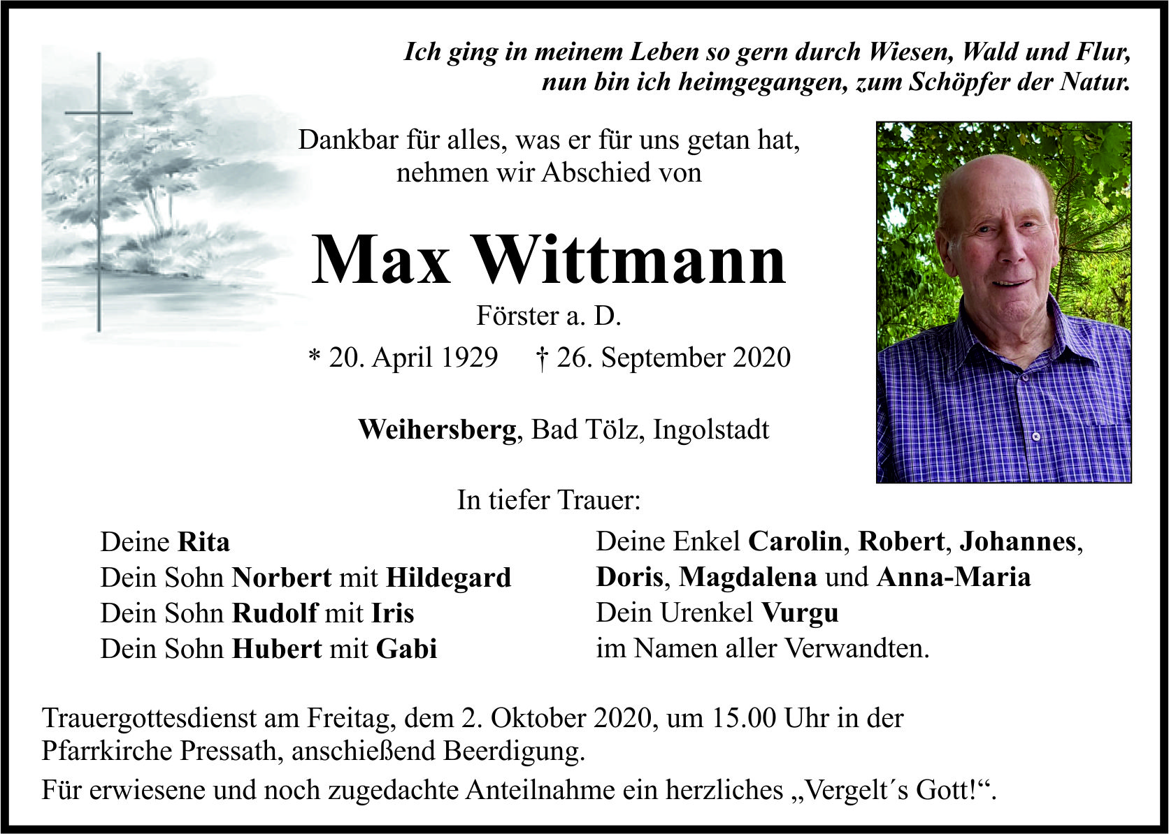 Traueranzeige Max Wittmann, Weihersberg