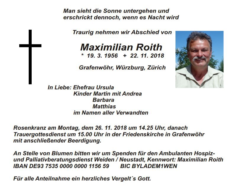 Traueranzeige Maximilian Roith, Grafenwöhr