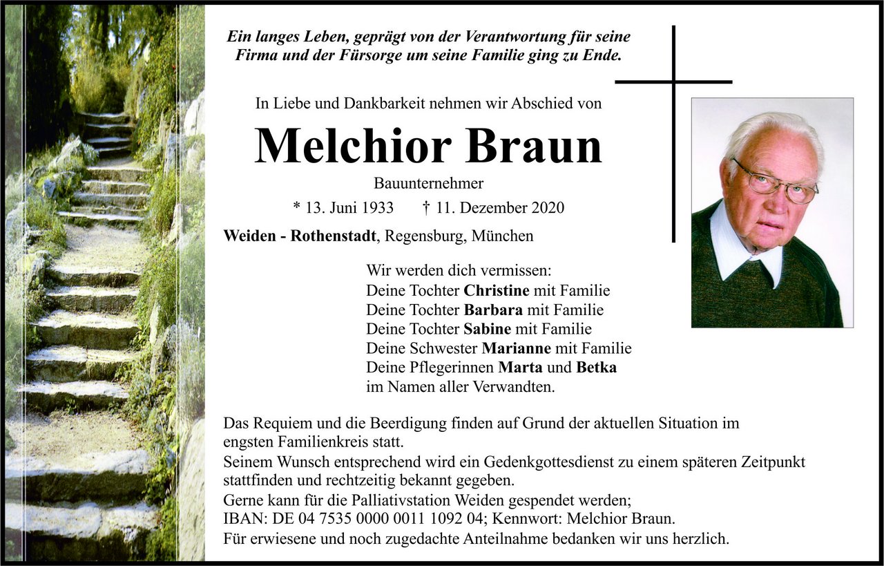 Traueranzeige Melchior Braun, Weiden-Rothenstadt
