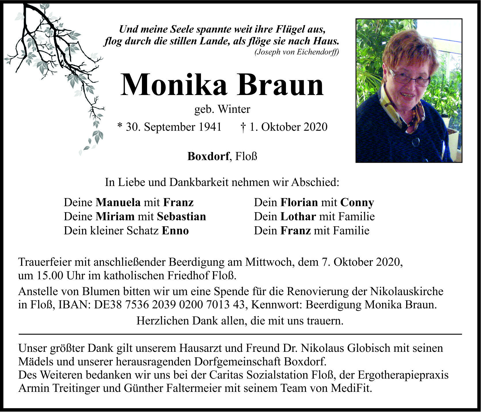 Traueranzeige Monika Braun, Boxdorf