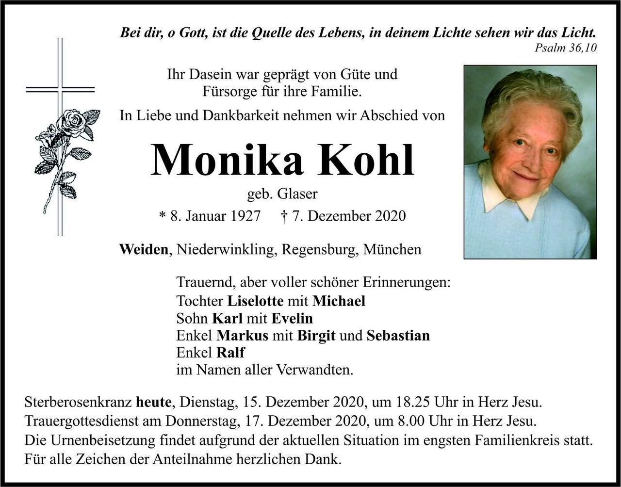 Traueranzeige Monika Kohl, Weiden
