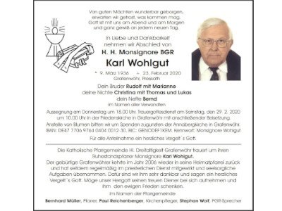 Traueranzeige Monsignore Karl Wohlgut Grafenwöhr