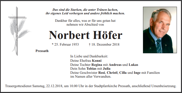 Traueranzeige Norbert Höfer Pressath