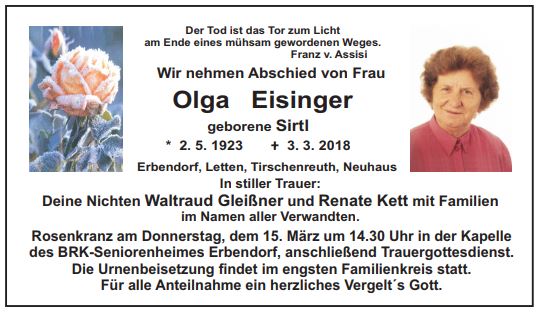 Traueranzeige Olga Eisinger Erbendorf