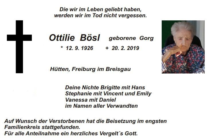 Traueranzeige Ottilie Bösl Hütten