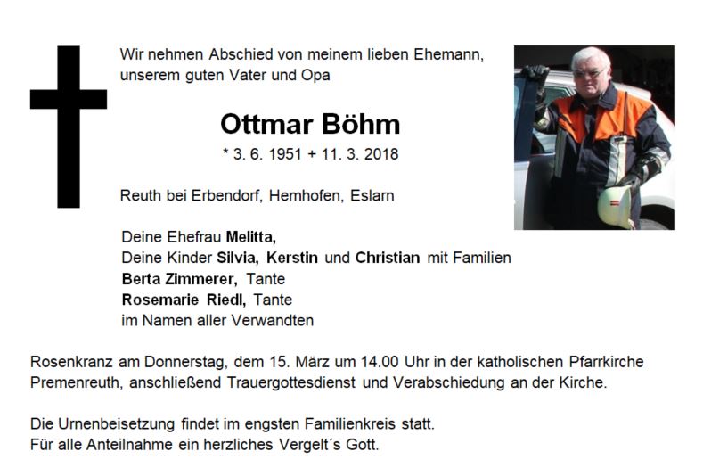 Traueranzeige Ottmar Böhm Reuth bei Erbendorf
