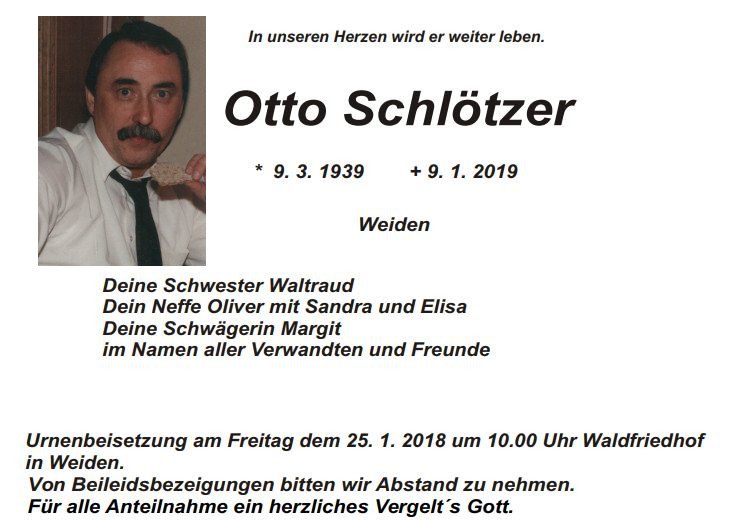 Traueranzeige Otto Schlötzer Weiden