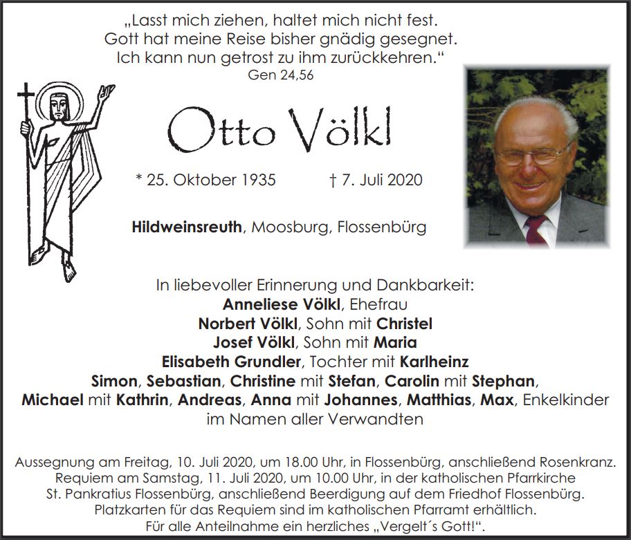 Traueranzeige Otto Völkl, Hildweinsreuth Moosbürg Flossenbürg