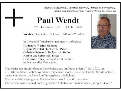 Traueranzeige Paul Wendt, Weiden Schirmitz 400 300