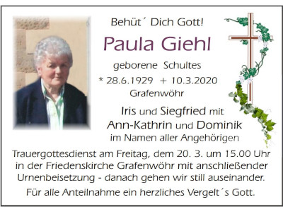 Traueranzeige Paula Giehl, Grafenwöhr 400 300