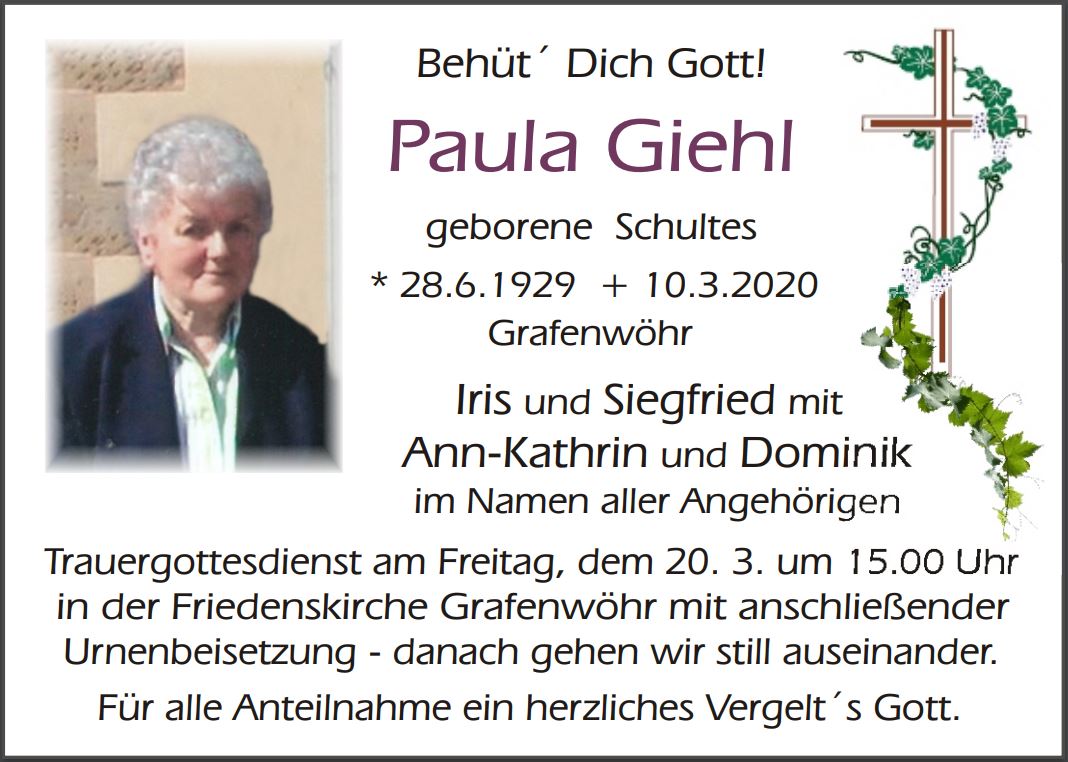 Traueranzeige Paula Giehl, Grafenwöhr
