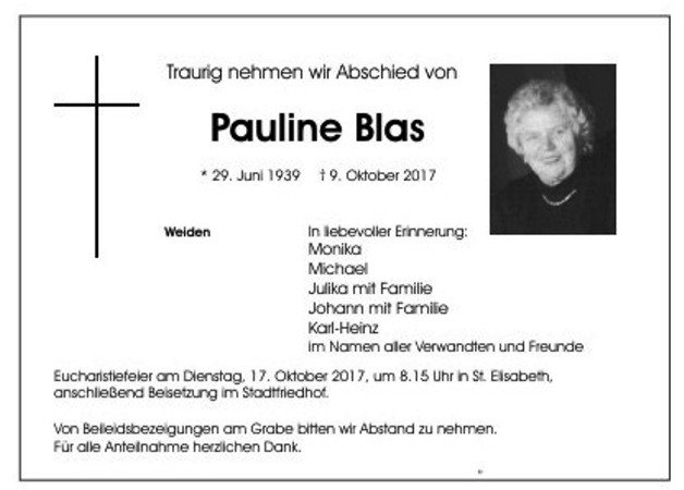 Traueranzeige Pauline Blas Weiden