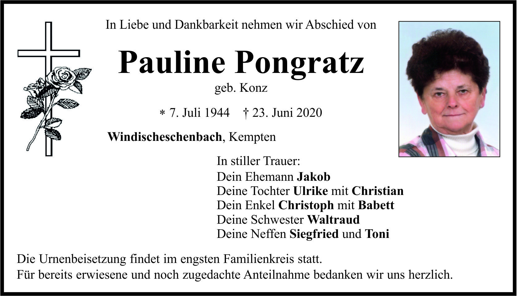 Traueranzeige Pauline Pongratz