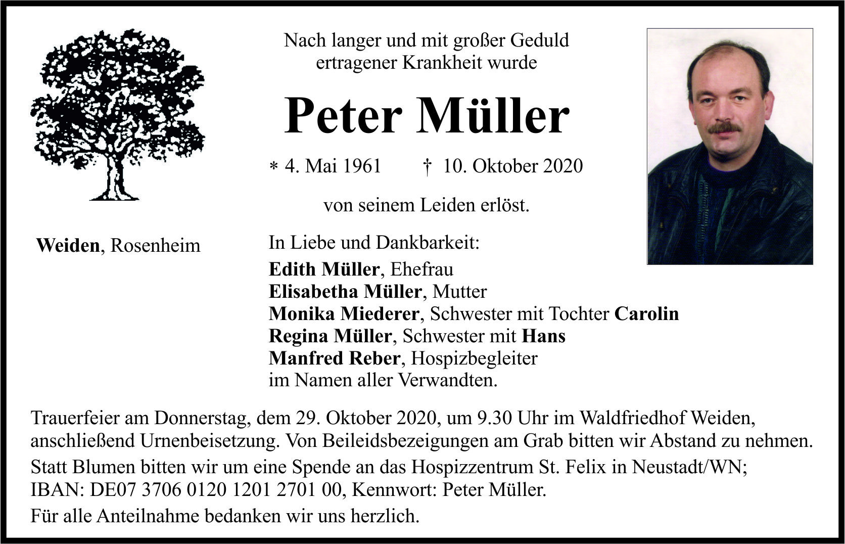 Traueranzeige Peter Müller, Weiden