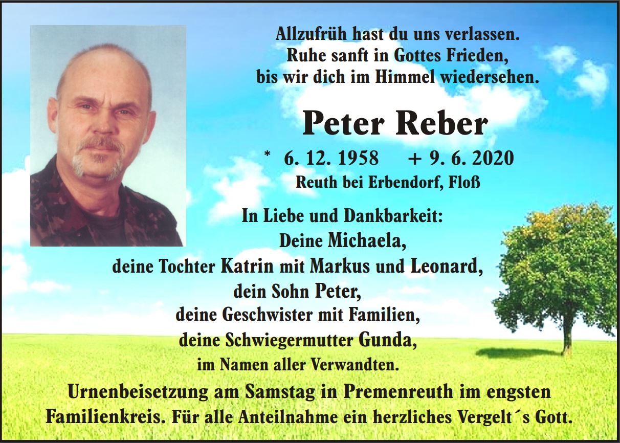 Traueranzeige Peter Reber, Reuth bei Erbendorf