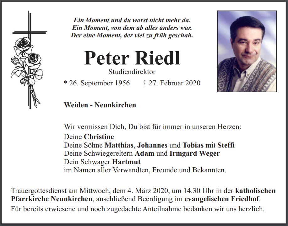 Traueranzeige Peter Riedl, Weiden