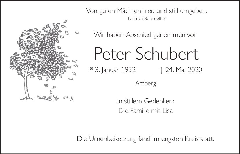 Traueranzeige Peter Schubert