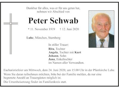 Traueranzeige Peter Schwab, Luhe 400 300