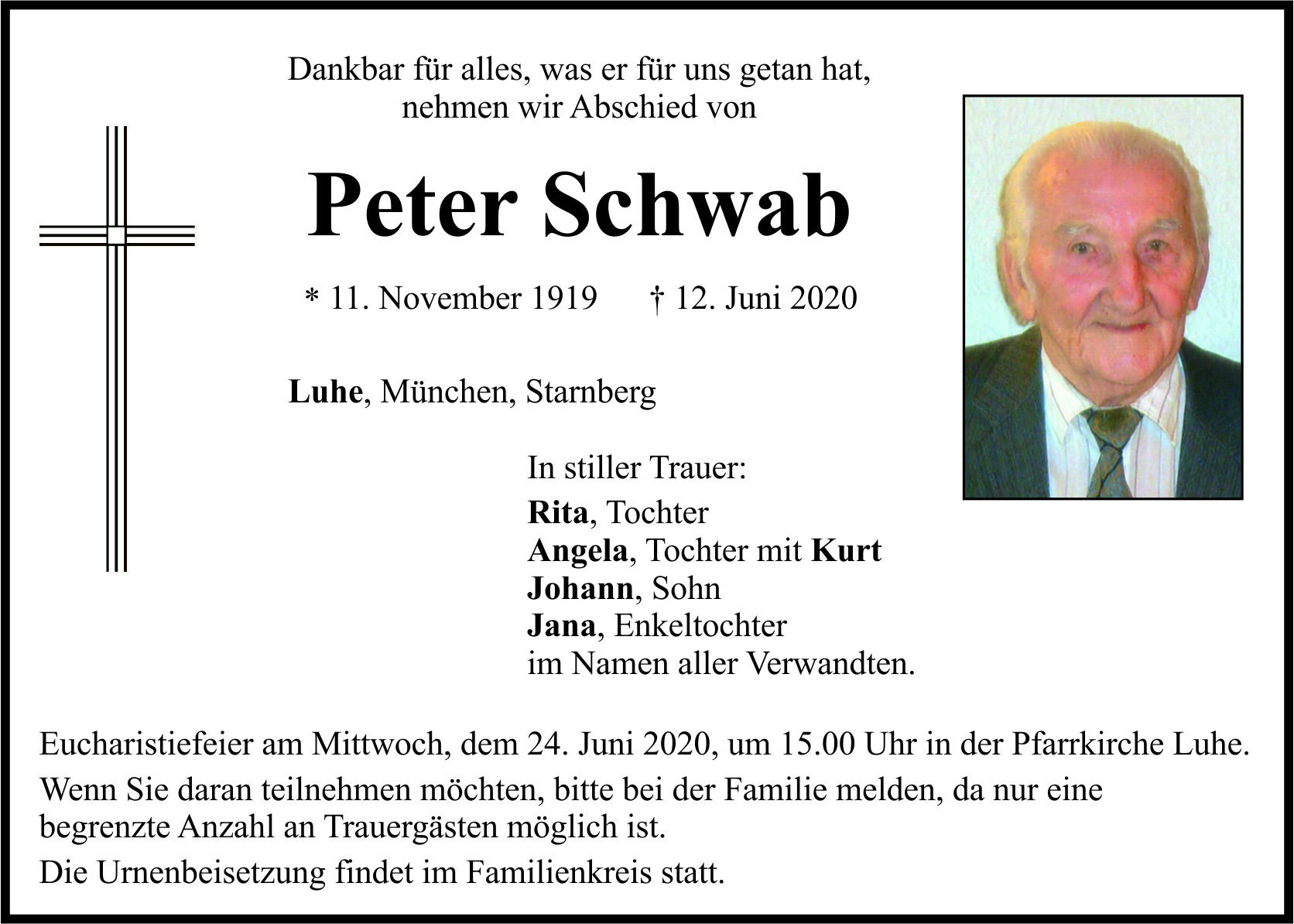 Traueranzeige Peter Schwab, Luhe