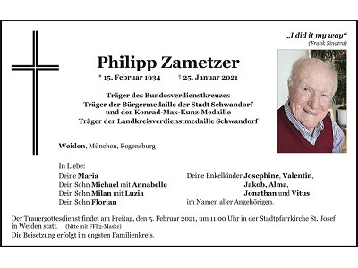 Traueranzeige Philipp Zametzer Weiden 400x300