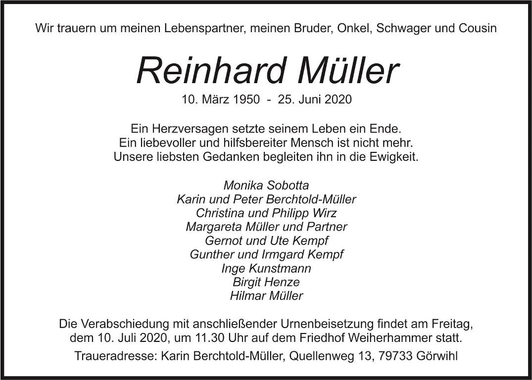Traueranzeige Reinhard Müller, Weiherhammer
