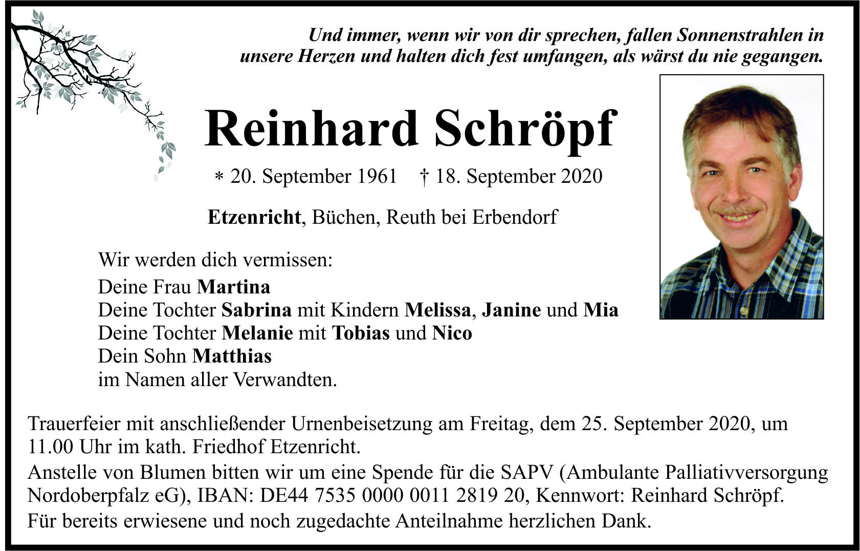 Traueranzeige Reinhard Schröpf, Etzenricht