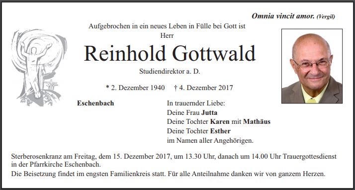 Traueranzeige Reinhold Gottwald Eschenbach