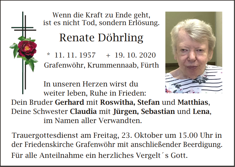 Traueranzeige Renate Döhrling, Grafenwöhr