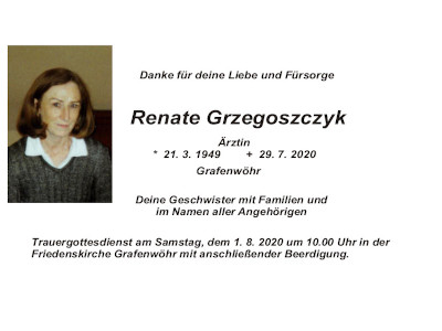 Traueranzeige Renate Grzegoszczyk, Grafenwöhr 400