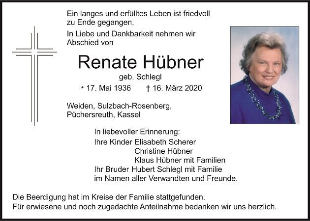 Traueranzeige Renate Hübner Weiden
