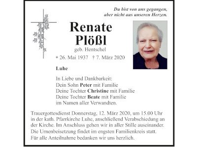 Traueranzeige Renate Plößl, Luhe 400 300