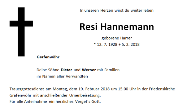 Traueranzeige Resi Hannemann Grafenwöhr