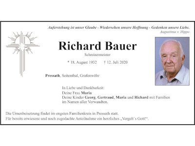 Traueranzeige Richard Bauer, Pressath Grafenwöhr 400 300