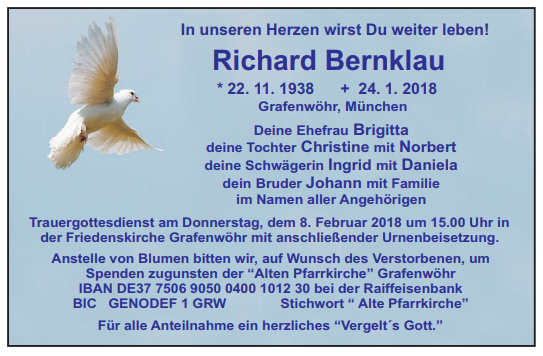 Traueranzeige Richard Bernklau Grafenwöhr
