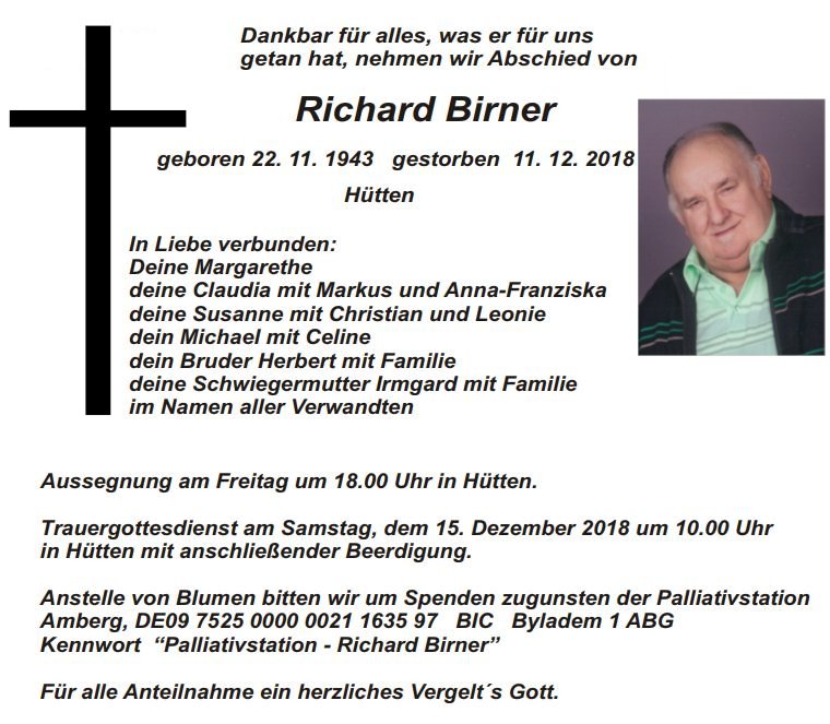 Traueranzeige Richard Birner Hütten