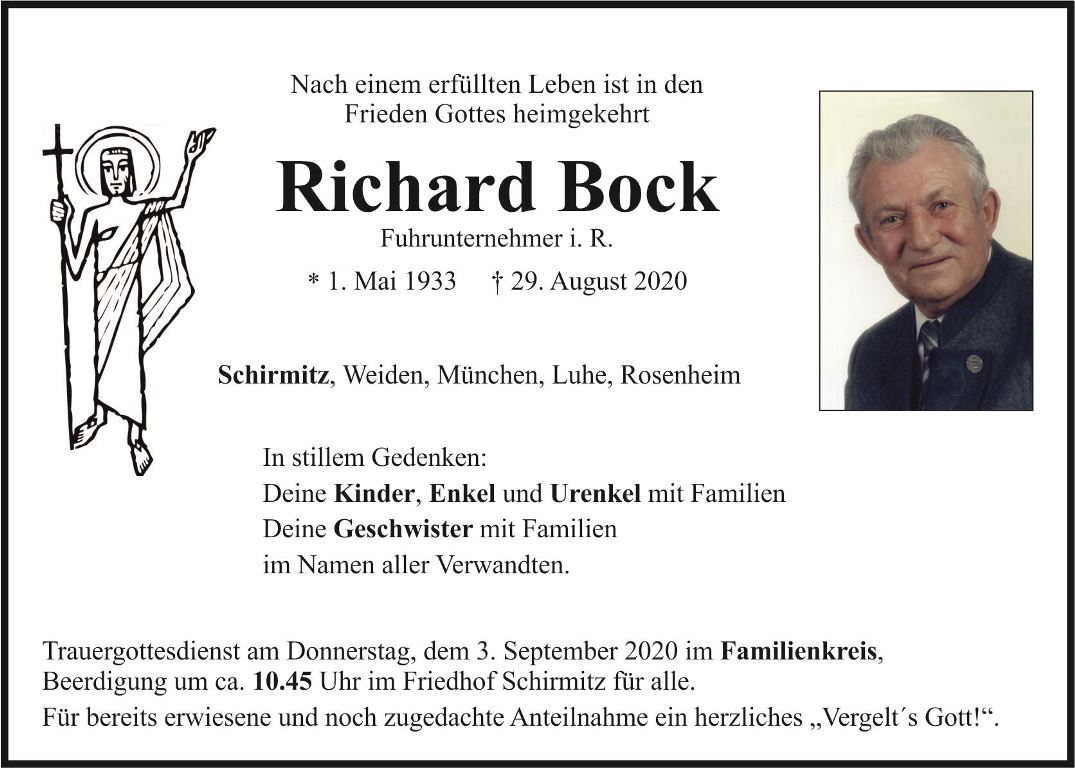 Traueranzeige Richard Bock, Schirmitz Weiden Luhe