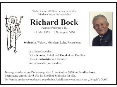 Traueranzeige Richard Bock, Schirmitz Weiden Luhe 400 300