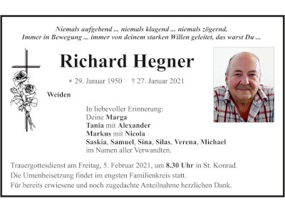 Traueranzeige Richard Hegner, Weiden 400x300