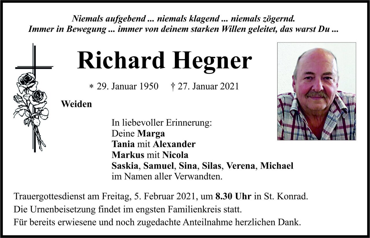 Traueranzeige Richard Hegner, Weiden