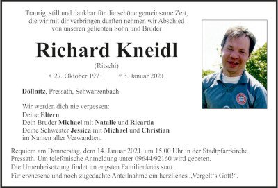 Traueranzeige Richard Kneidl, Döllnitz 400x300