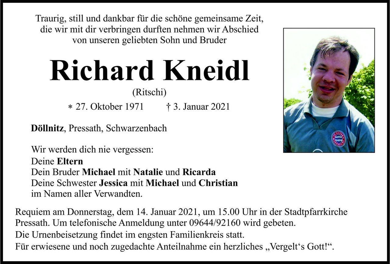 Traueranzeige Richard Kneidl, Döllnitz