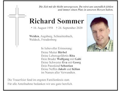 Traueranzeige Richard Sommer, Weiden 400x300