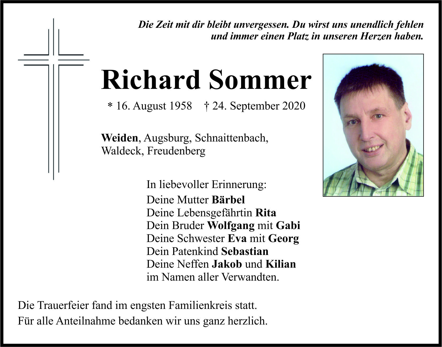 Traueranzeige Richard Sommer, Weiden