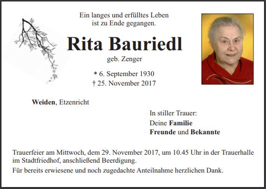 Traueranzeige Rita Bauriedl Weiden